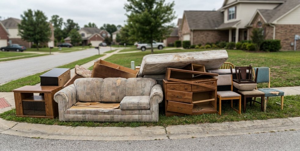 Curbside pile of old couches, chairs, mattresses, and dressers ready for furniture pickup