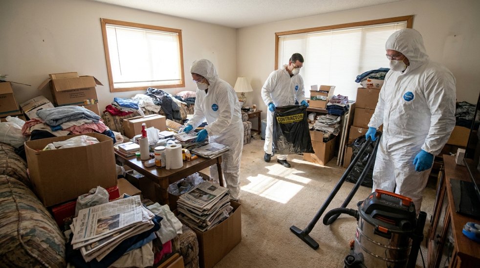 Workers in protective suits cleaning a cluttered hoarding room with boxes and debris