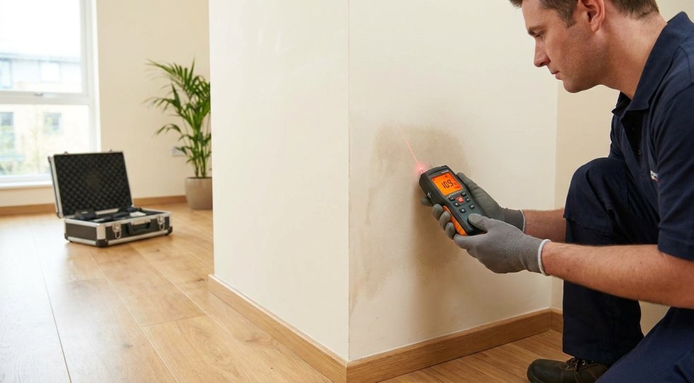 Technician using a moisture meter to check a stained wall for mold and leaks in a home