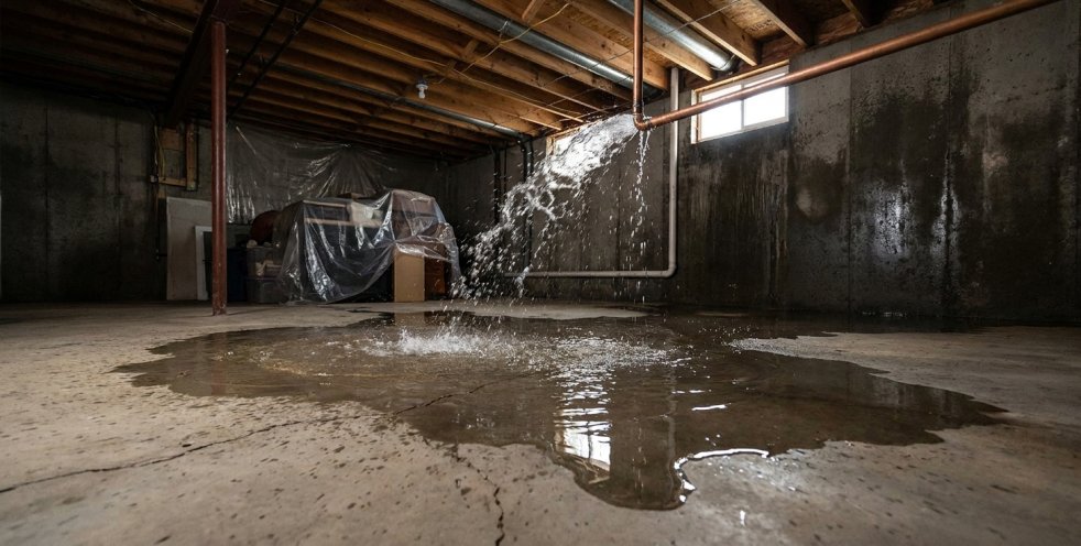 Burst pipe spraying water onto basement floor, causing a large puddle and water damage