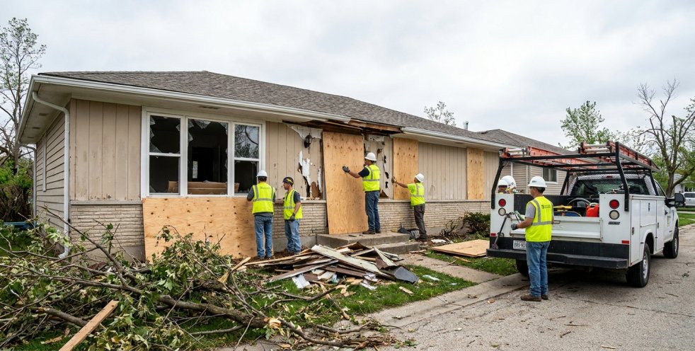 Workers boarding up storm-damaged house with plywood and service truck in front yard